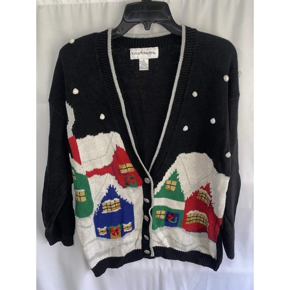 Vintage Christmas Snow Village Town Winter Holiday Cardigan Sweater Medium Ramie